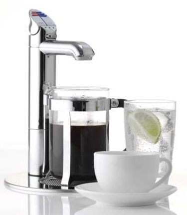 Zip HydroTap with a coffee cup, plunger coffee and a glass of water